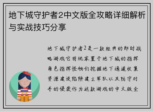 地下城守护者2中文版全攻略详细解析与实战技巧分享
