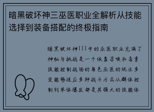暗黑破坏神三巫医职业全解析从技能选择到装备搭配的终极指南